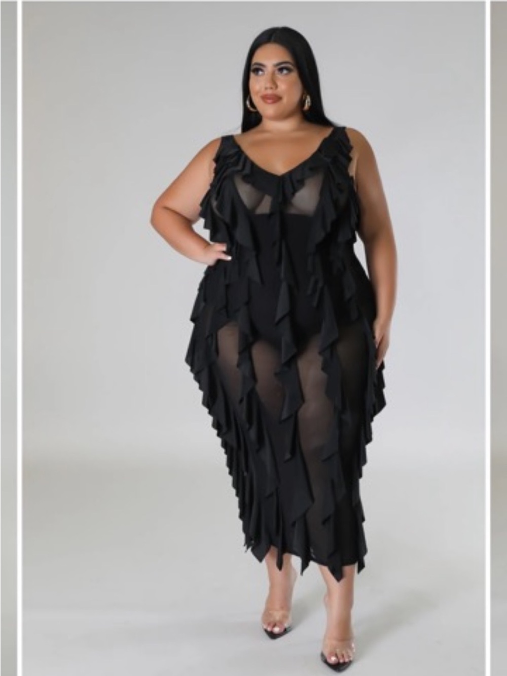 Plus Size Black Ruffle Sheer Maxi Dress